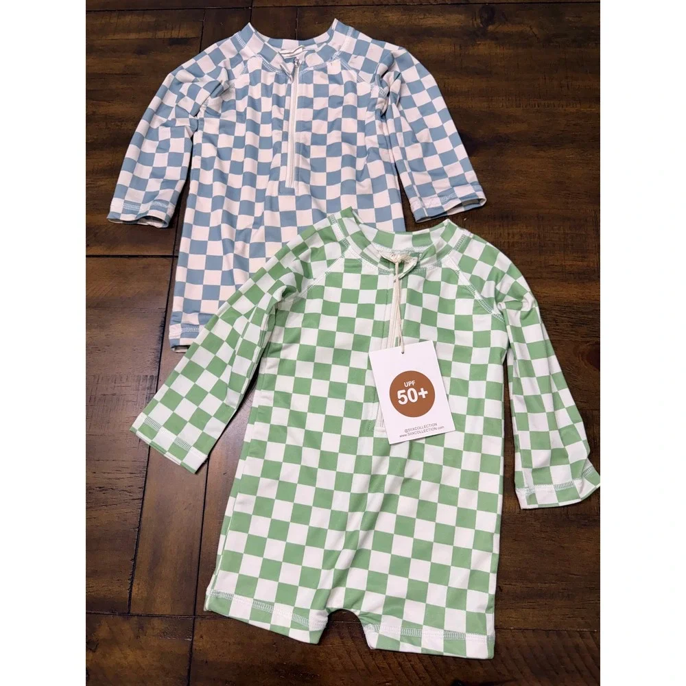 SIIX Collection Kids Checkered Swimsuit Lot 18-24M Blue Green UPF 50+ Rash Guard